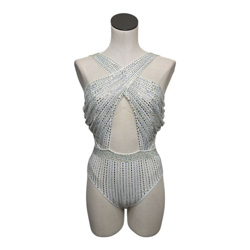 12th Tribe Bodysuit Womens Size Medium Rhinestone Festival Glitter Crossfront
